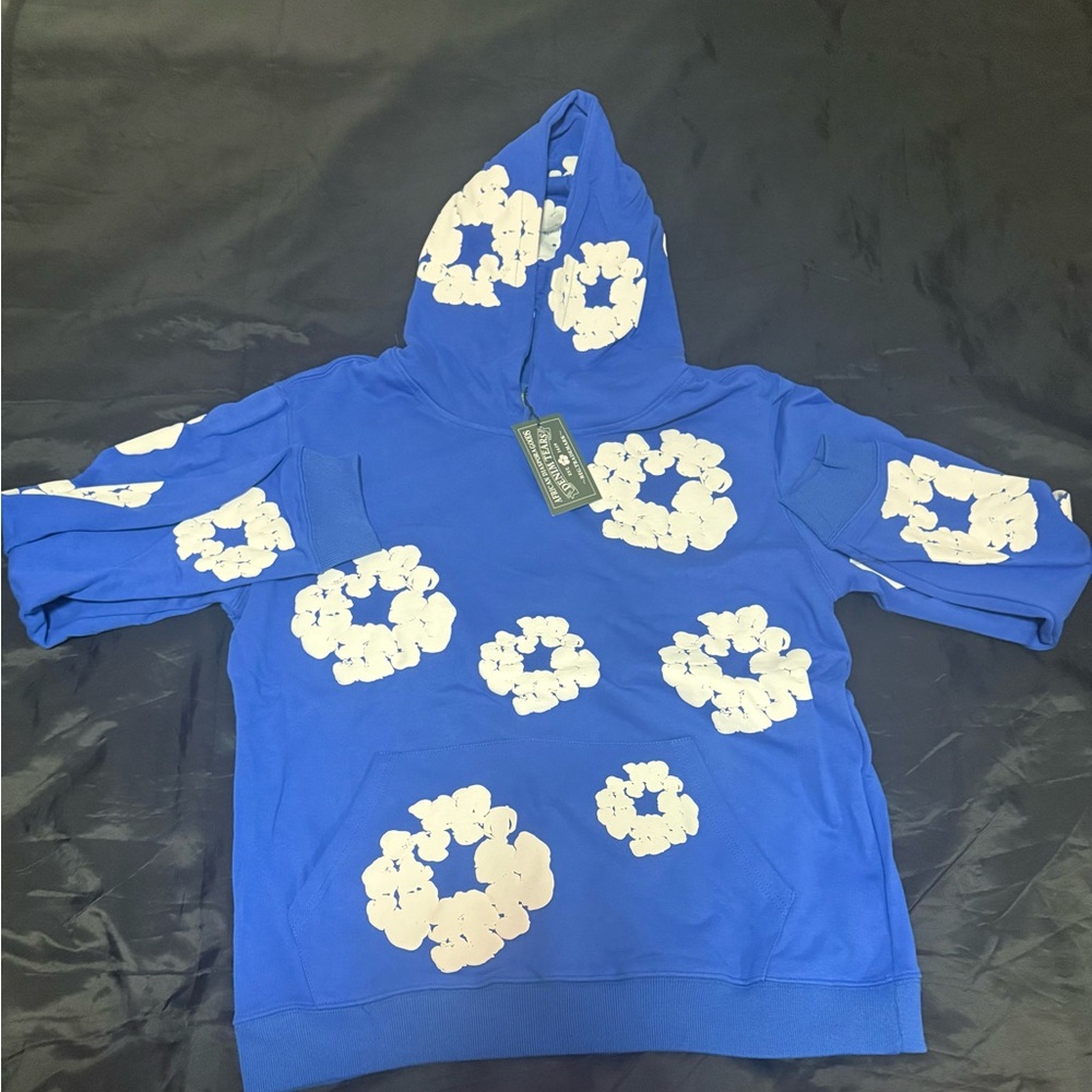 Blue Hoodie with White Floral Design
